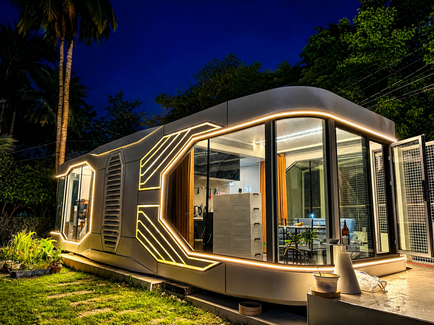 Alien Beach Club Space House Capsule at night